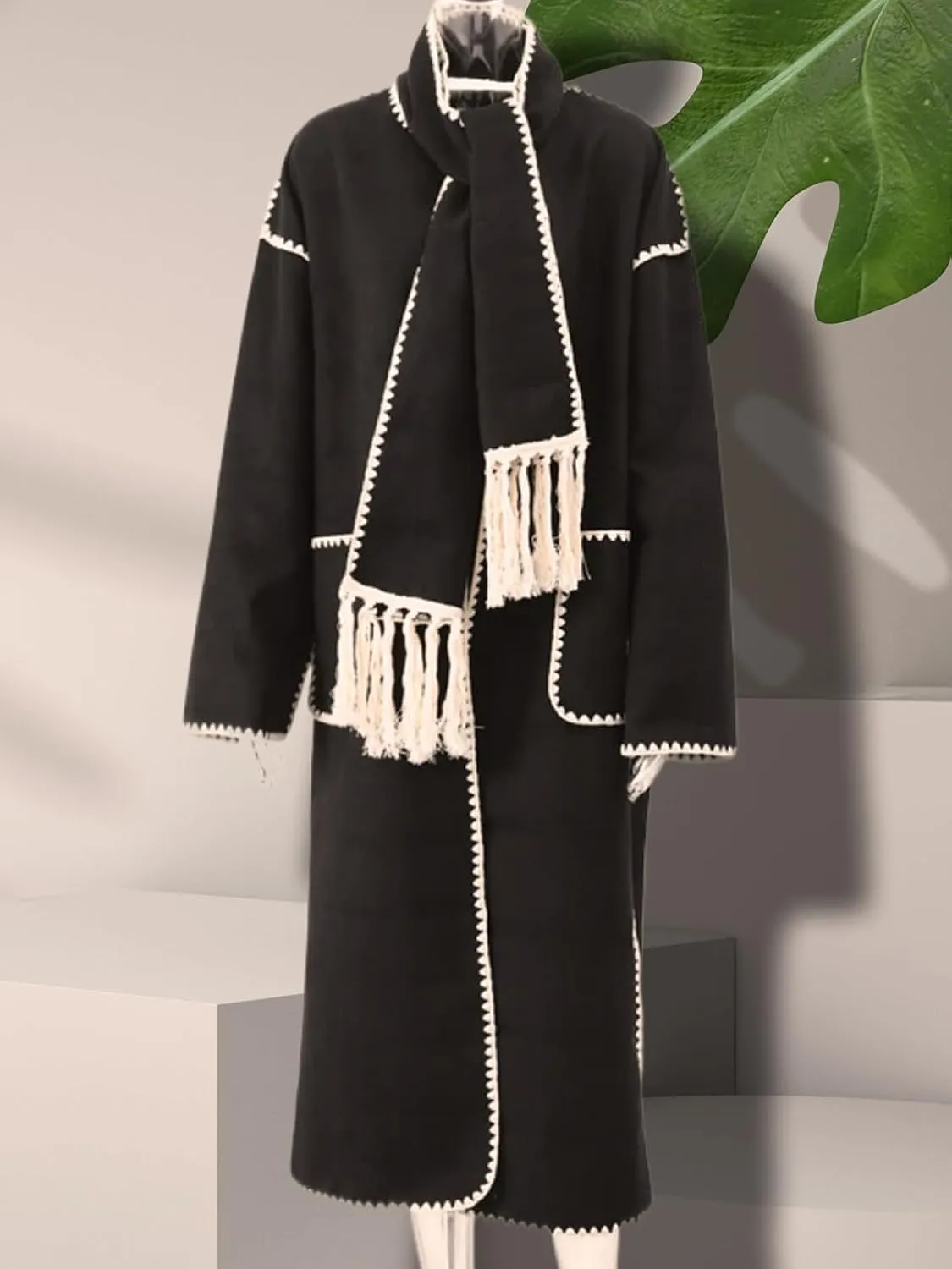 HOTIAN Womens Embroidered Scarf Jacket Oversized Extremely Long Wool Blend Coat Outerwear with Removable Tassel Scarf