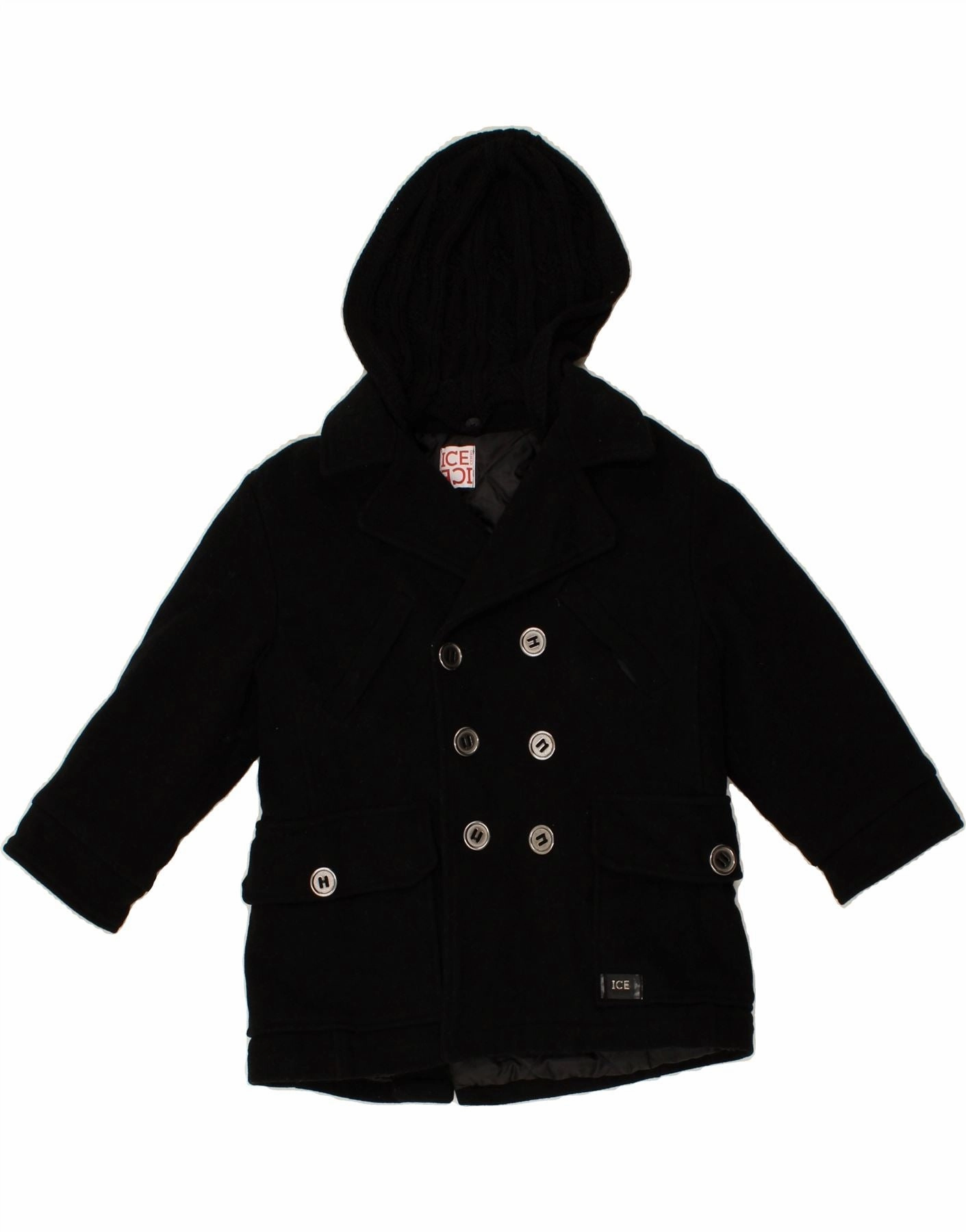 Magnetic Closure System ICEBERG Boys Hooded Double Breasted Coat 5-6 Years Black Wool