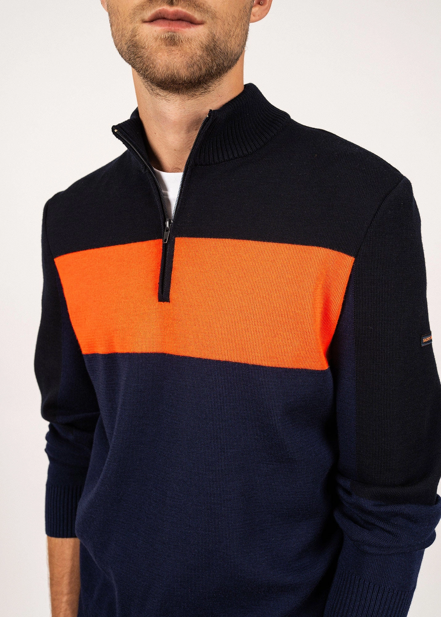 Fashion Statement light layering BAYEUX - Quarter Zip Sweater | 100% Wool (DARK BLUE / NAVY / NEON ORANGE)