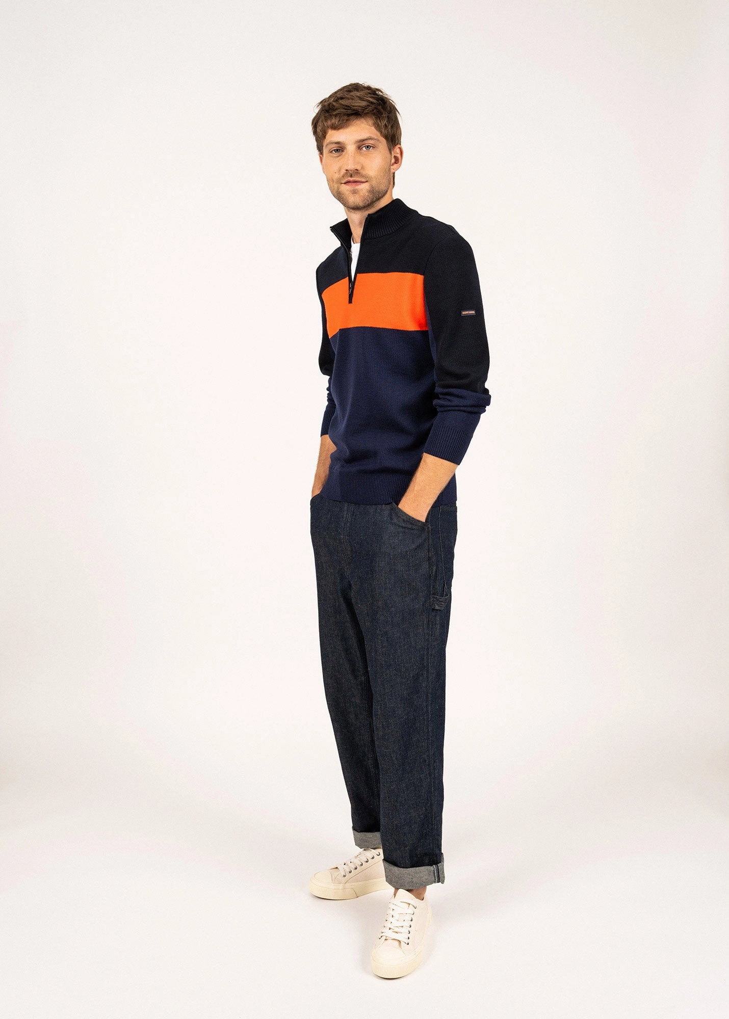 BAYEUX - Quarter Zip Sweater | 100% Wool (DARK BLUE / NAVY / NEON ORANGE) Cozy Essential Soft Layer