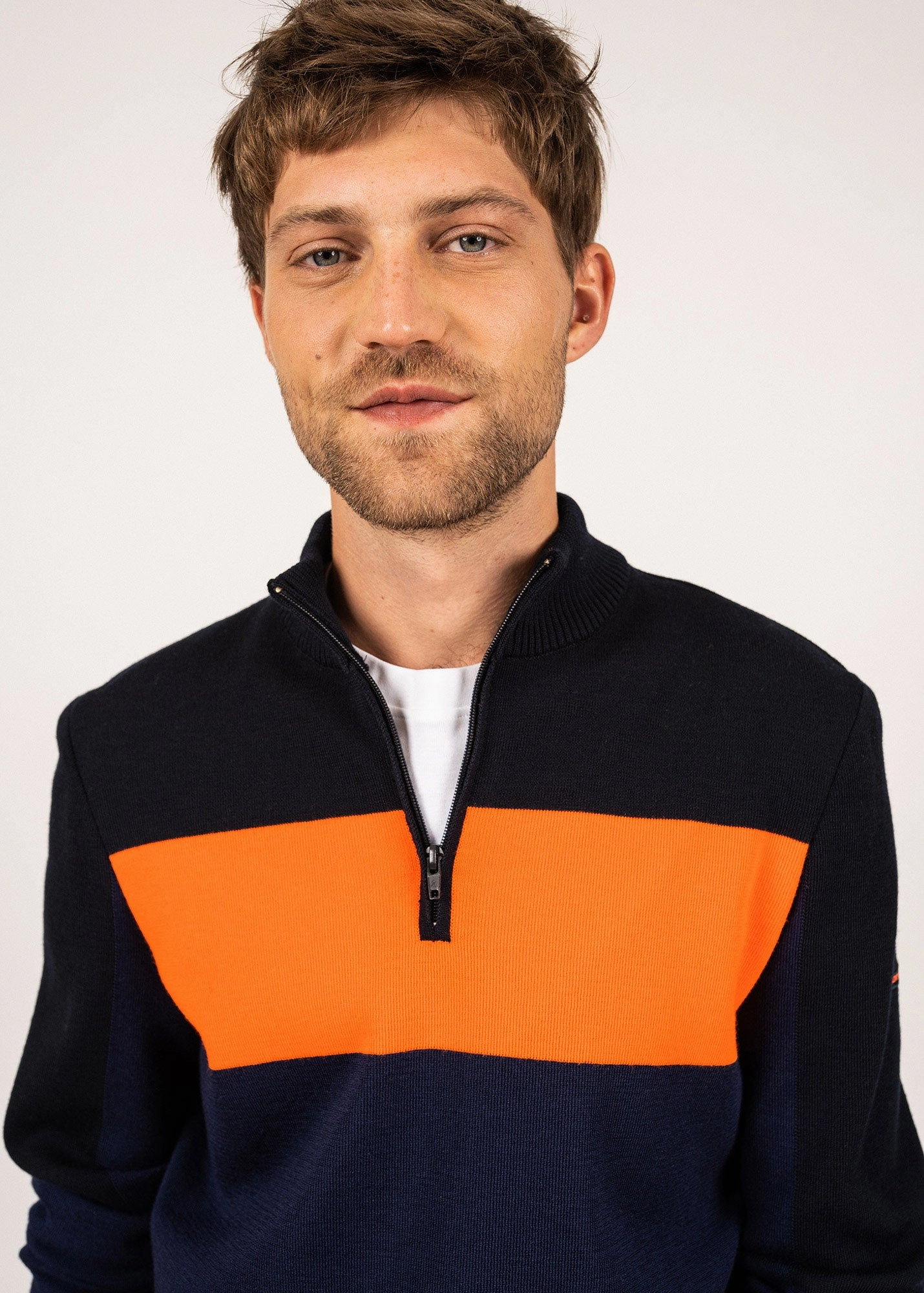BAYEUX - Quarter Zip Sweater | 100% Wool (DARK BLUE / NAVY / NEON ORANGE) Cold Weather Comfort