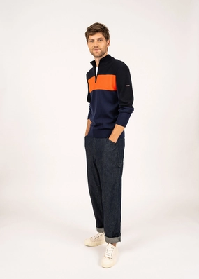 BAYEUX - Quarter Zip Sweater | 100% Wool (DARK BLUE / NAVY / NEON ORANGE) Cozy Essential Soft Layer