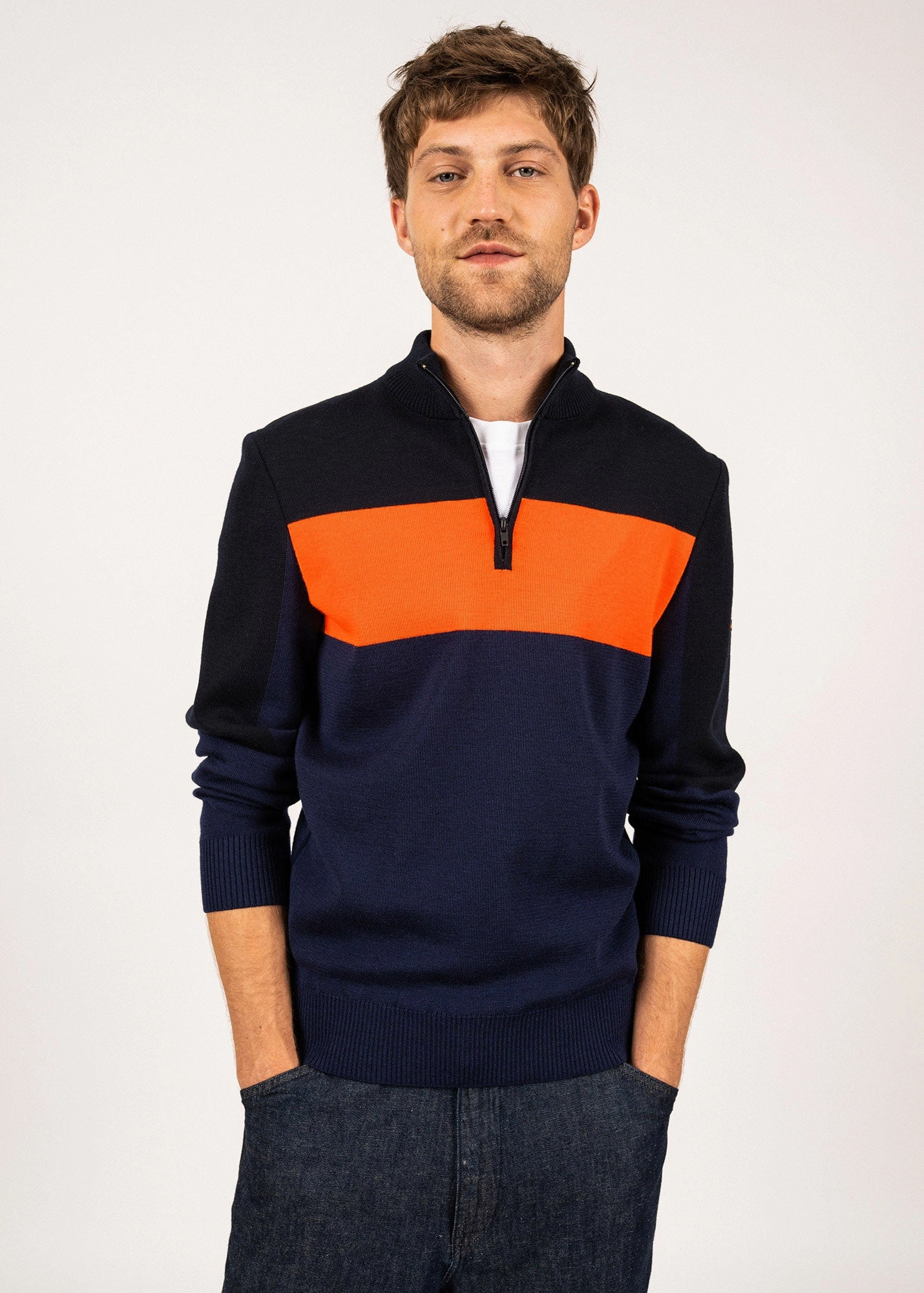 BAYEUX - Quarter Zip Sweater | 100% Wool (DARK BLUE / NAVY / NEON ORANGE) Knit Fabric Knit Wearable