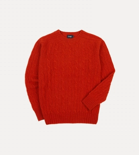 Outdoor Ready UVProtection Layer Red Brushed Cable Knit Shetland Crew Neck Jumper