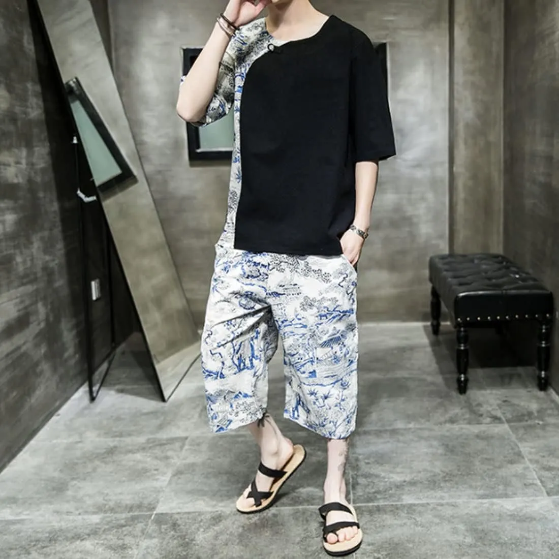 HZCX FASHION Mens Summer Suits Black Shirts Floral Printed Beach Shorts 2pcs Set