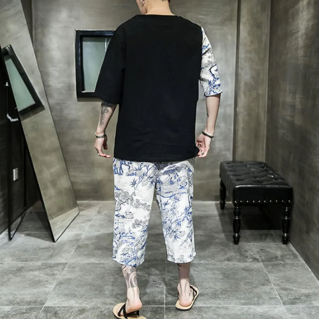 HZCX FASHION Mens Summer Suits Black Shirts Floral Printed Beach Shorts 2pcs Set