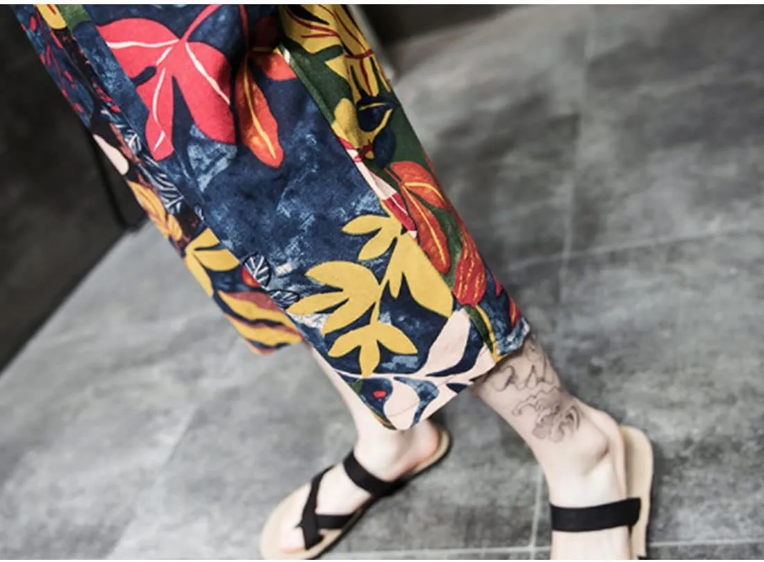 HZCX FASHION Mens Summer Suits Black Shirts Floral Printed Beach Shorts 2pcs Set