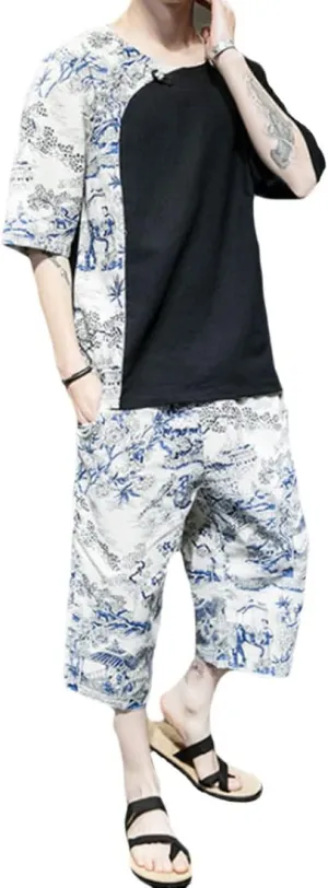 HZCX FASHION Mens Summer Suits Black Shirts Floral Printed Beach Shorts 2pcs Set