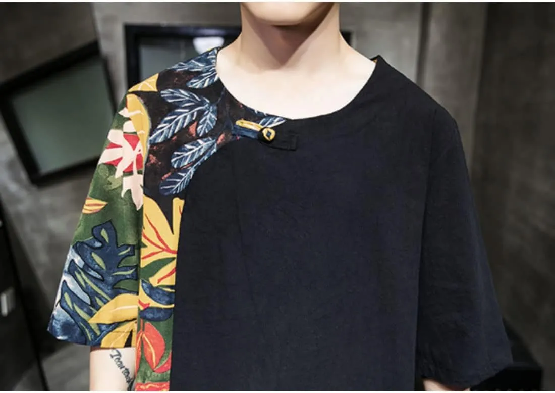 HZCX FASHION Mens Summer Suits Black Shirts Floral Printed Beach Shorts 2pcs Set