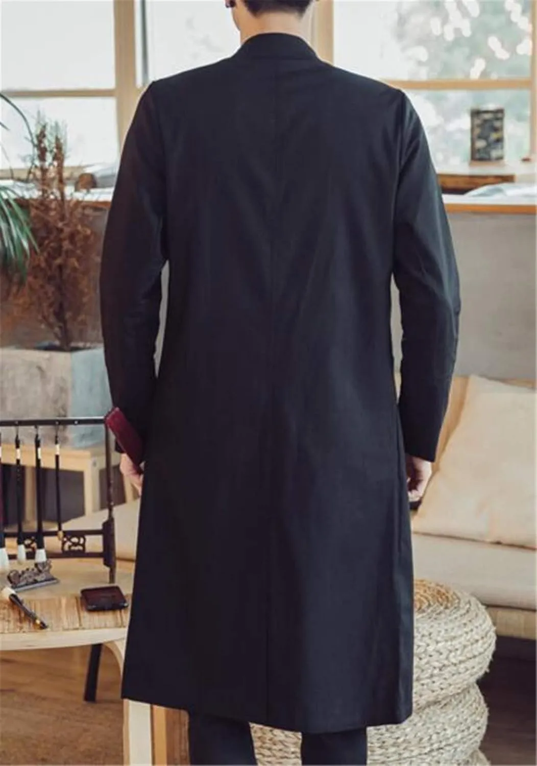 HZCX FASHION Men's Vintage Cotton Linen Stand Collar Frog-Button Trench Coats