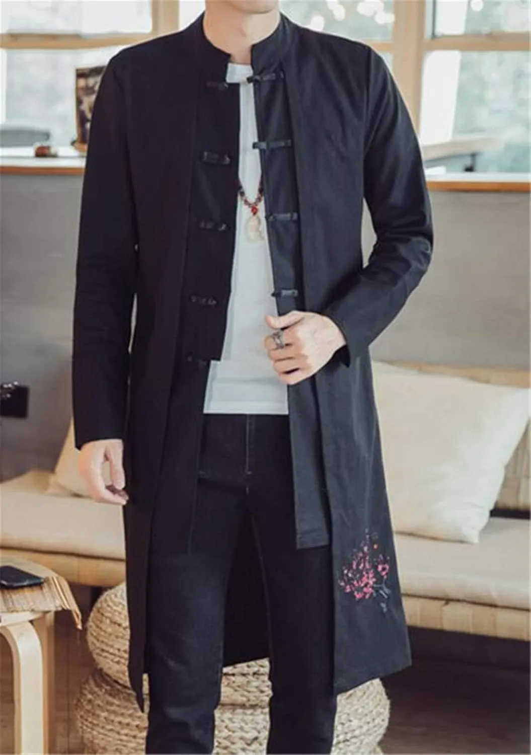 HZCX FASHION Men's Vintage Cotton Linen Stand Collar Frog-Button Trench Coats