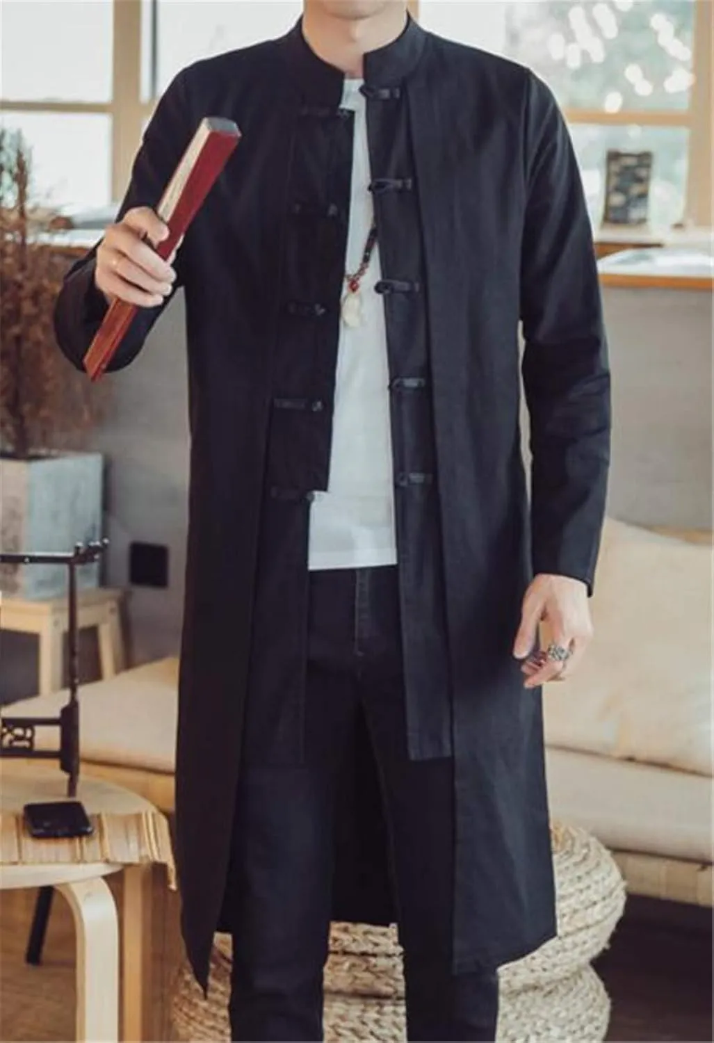 HZCX FASHION Men's Vintage Cotton Linen Stand Collar Frog-Button Trench Coats