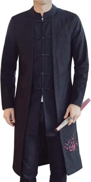 HZCX FASHION Men's Vintage Cotton Linen Stand Collar Frog-Button Trench Coats