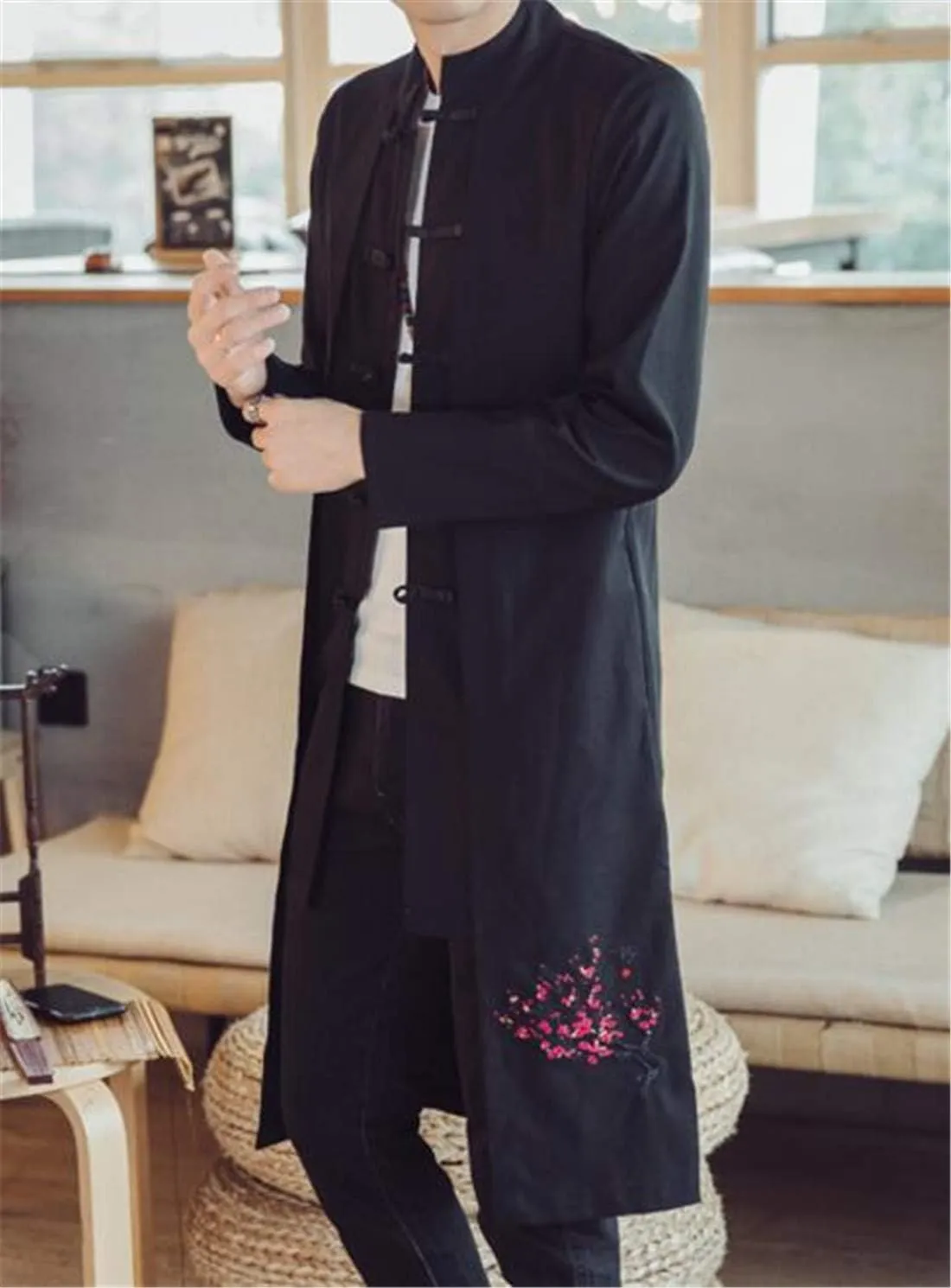HZCX FASHION Men's Vintage Cotton Linen Stand Collar Frog-Button Trench Coats