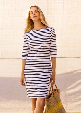 Quick Fit PROPRIANO - Form-Fitting Nautical Stripe Dress | Anti-UV Stretch Fabric (WHITE / NAVY)