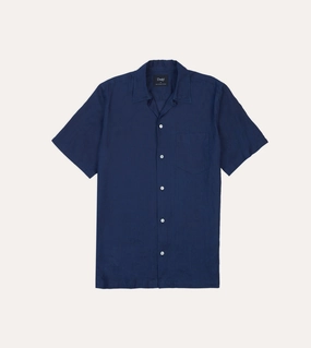birthday celebration Pure Cotton Indigo Ramie Camp Collar Short Sleeve Shirt