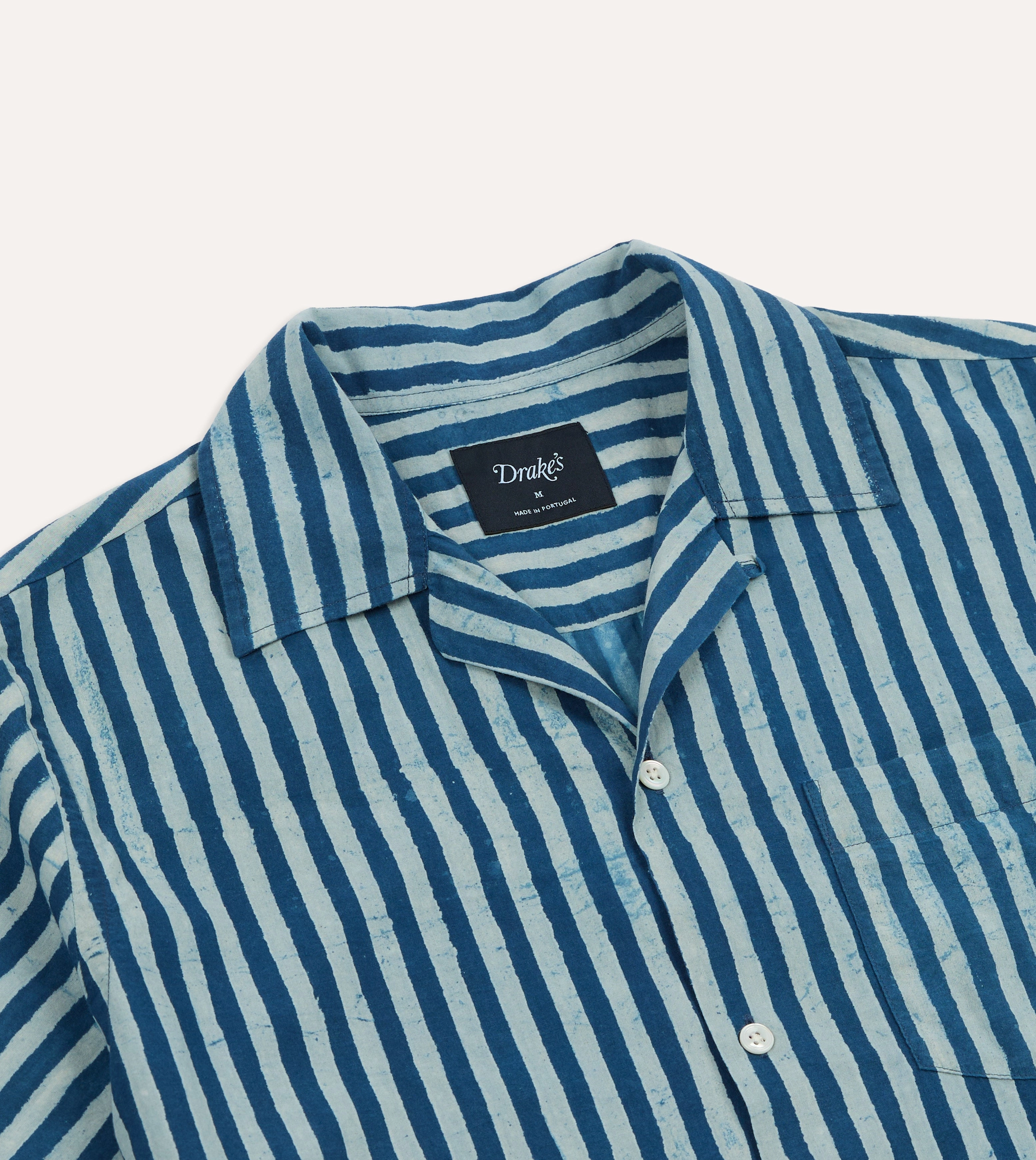 Indigo Stripe Block Print Cotton Camp Collar Short Sleeve Shirt Tall friendly Low Maintenance