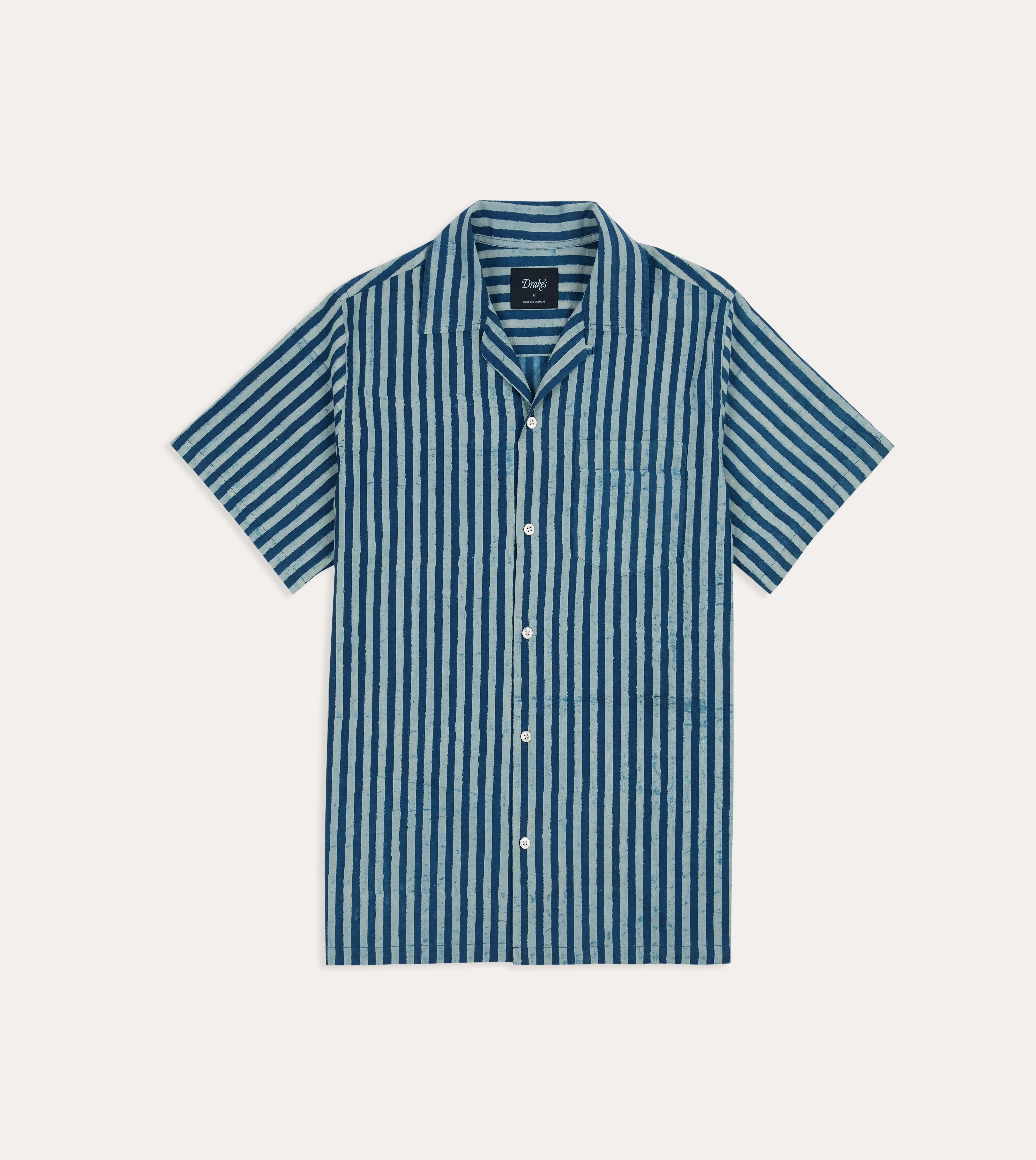Indigo Stripe Block Print Cotton Camp Collar Short Sleeve Shirt Exclusive Collection