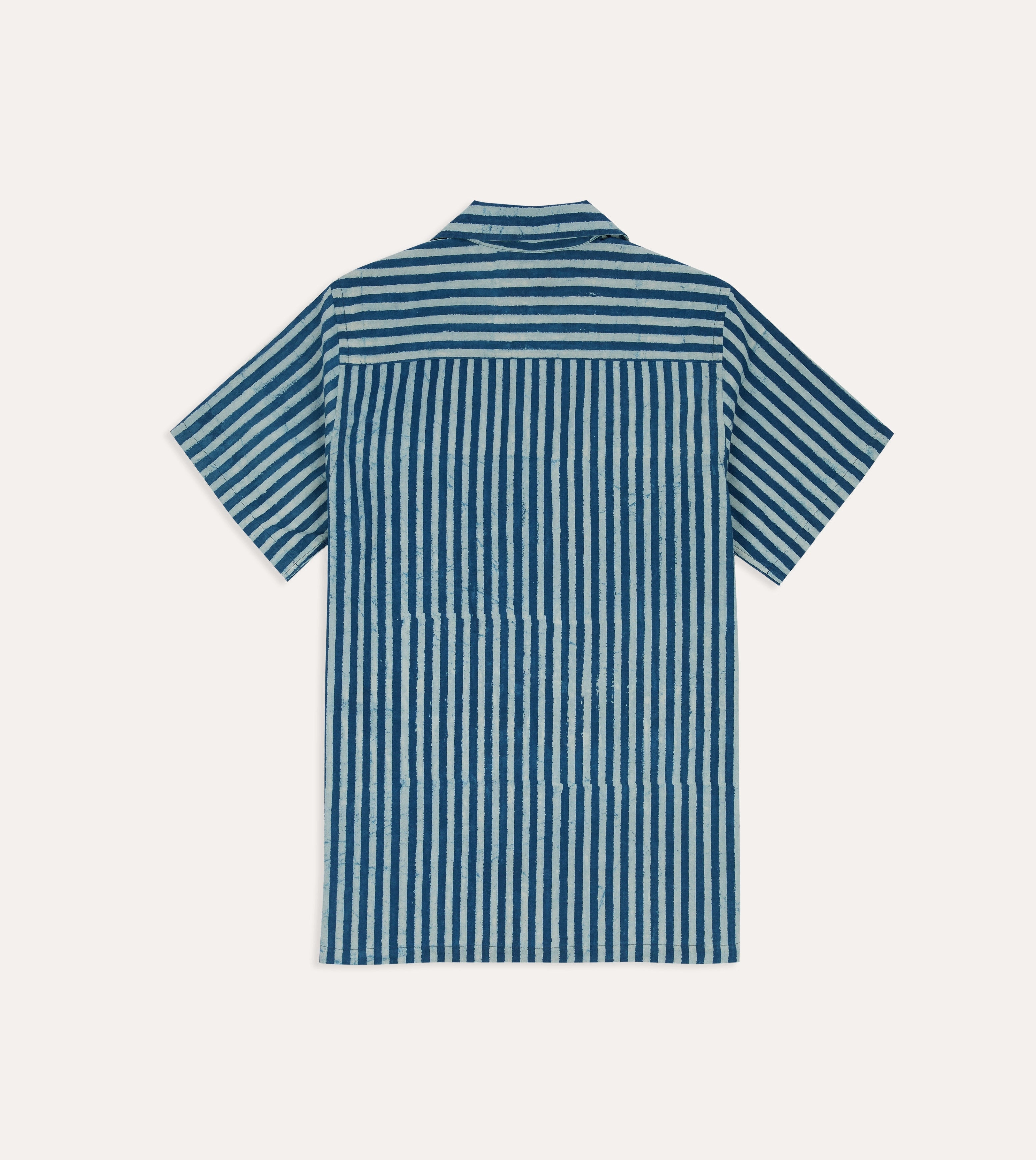 Indigo Stripe Block Print Cotton Camp Collar Short Sleeve Shirt Subtle pattern