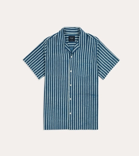 Indigo Stripe Block Print Cotton Camp Collar Short Sleeve Shirt Exclusive Collection