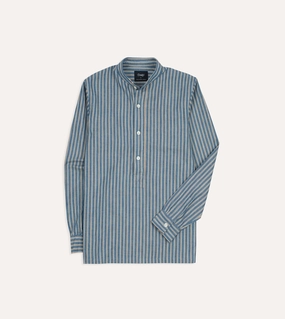 Gym Companion Indigo Stripe Cotton Mandarin Collar Popover Shirt