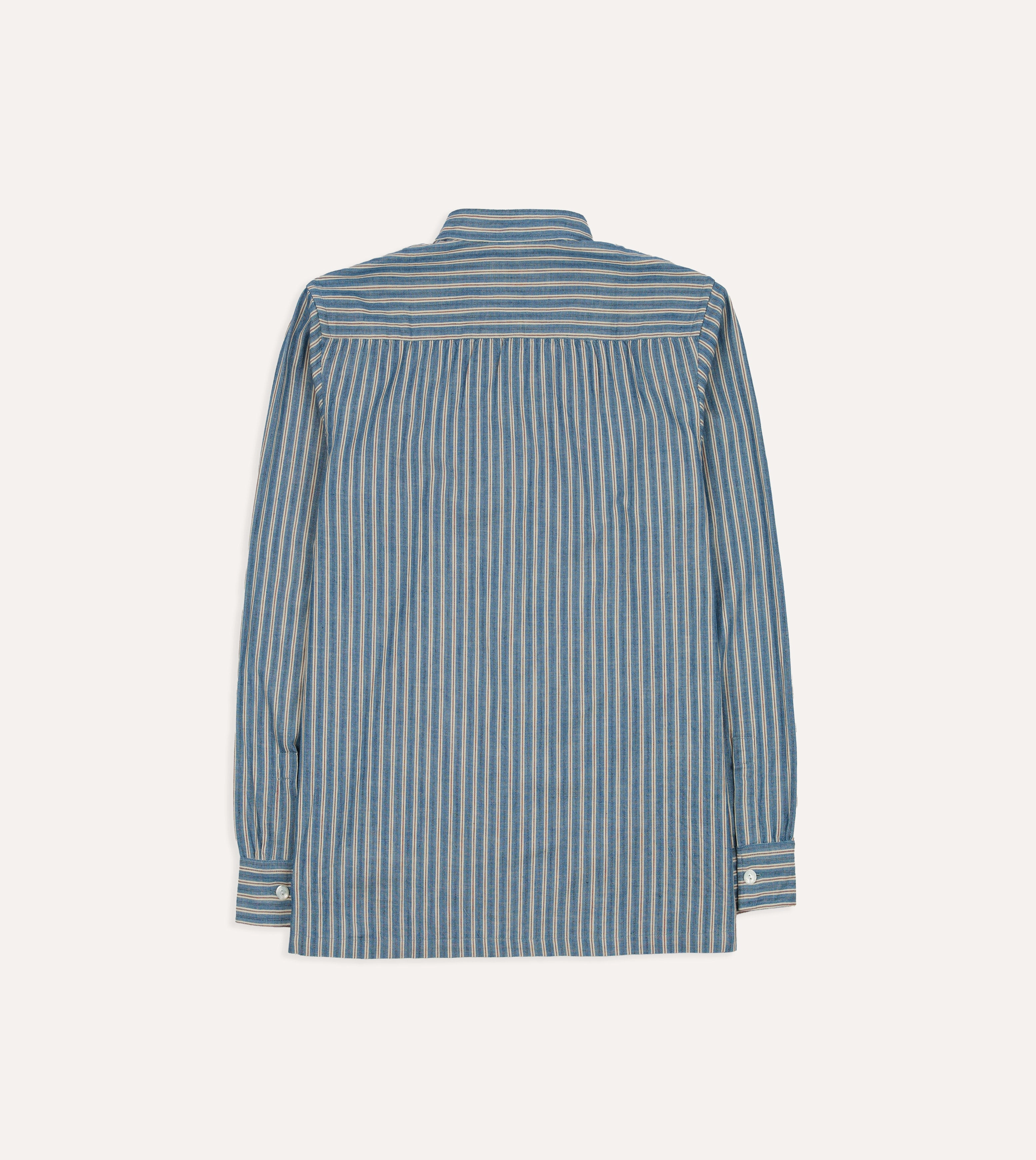 Indigo Stripe Cotton Mandarin Collar Popover Shirt Flexible Mobility Anti Pilling Finish