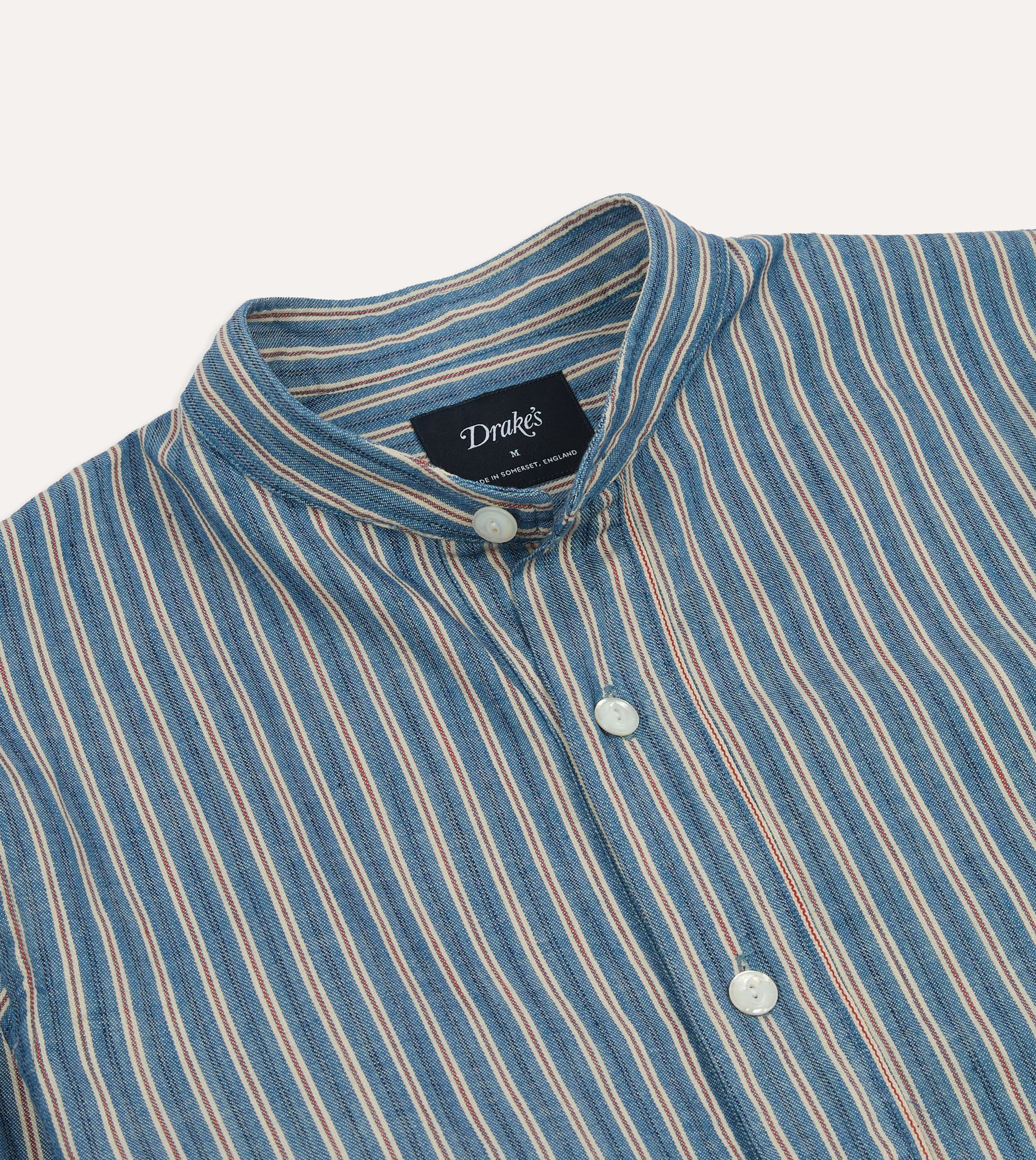 Indigo Stripe Cotton Mandarin Collar Popover Shirt UV Protective Fabric