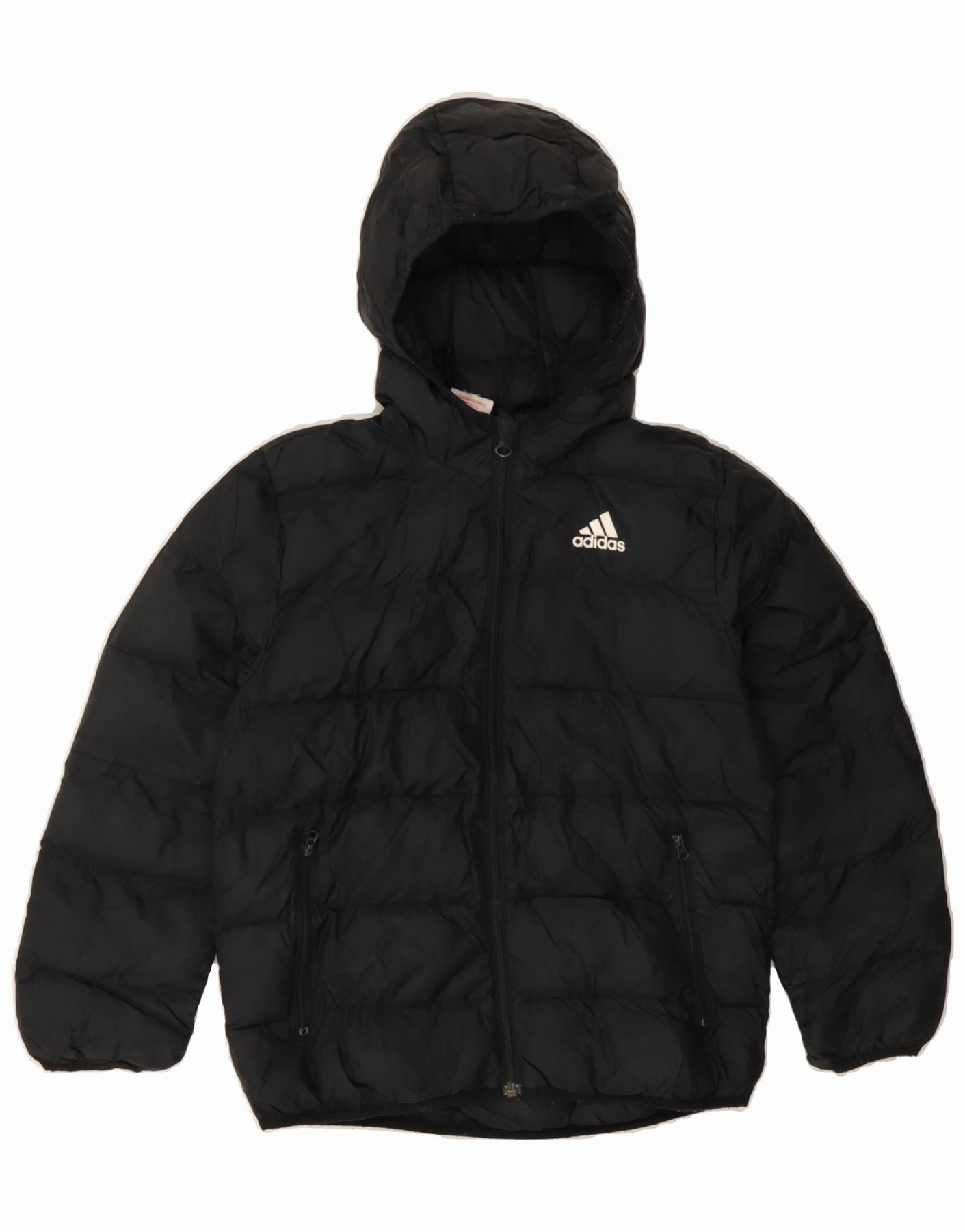 ADIDAS Boys Hooded Padded Jacket 9-10 Years Black Polyester Ultra Thin Insulation Fleece Lined