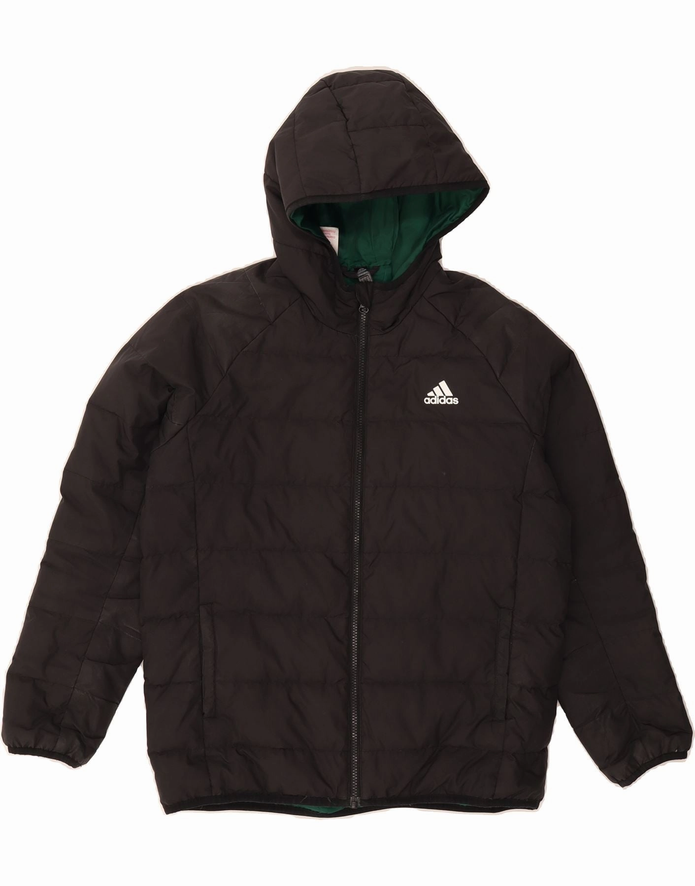 ADIDAS Boys Hooded Padded Jacket 13-14 Years Black Polyester no pocket Goggles