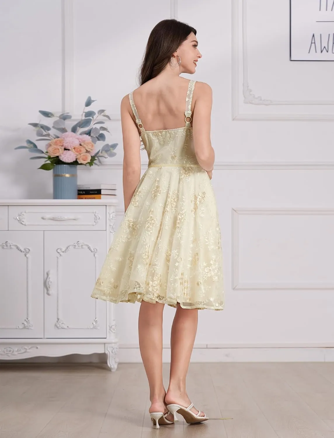 IWEMEK Women Spaghetti Strap Floral Lace Bridesmaid Cocktail Party Dress Cold Shoulder Ruffle Sleeve Wedding Guest Prom Dress