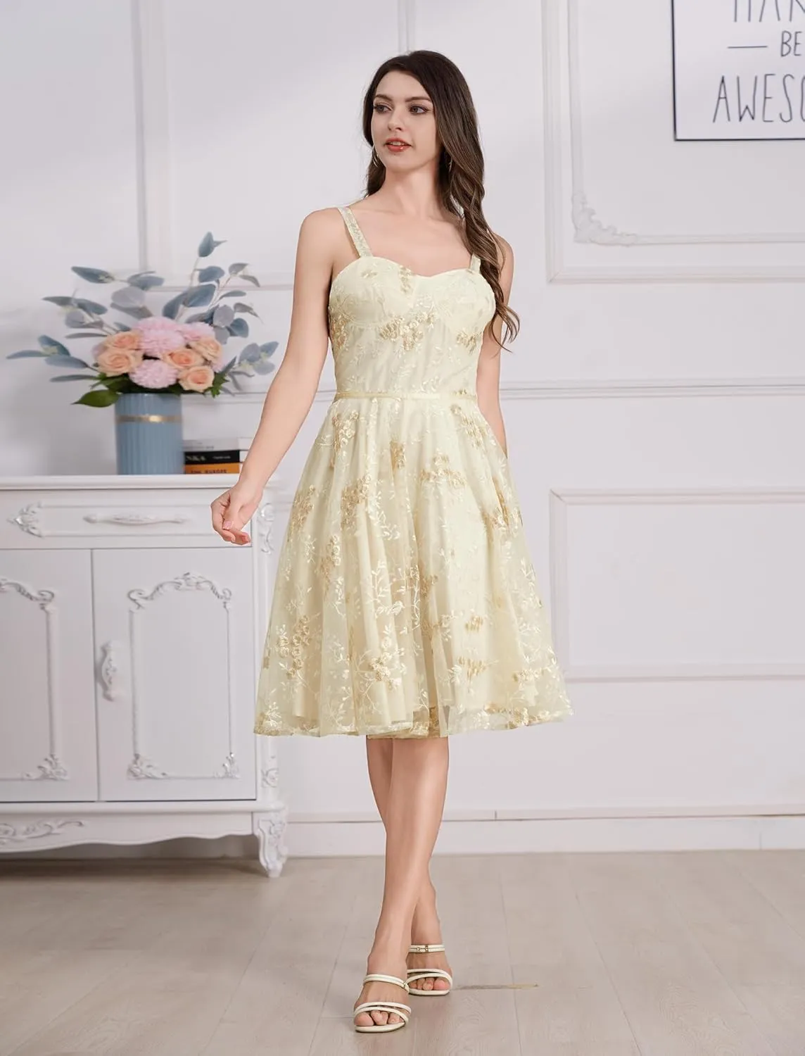 IWEMEK Women Spaghetti Strap Floral Lace Bridesmaid Cocktail Party Dress Cold Shoulder Ruffle Sleeve Wedding Guest Prom Dress