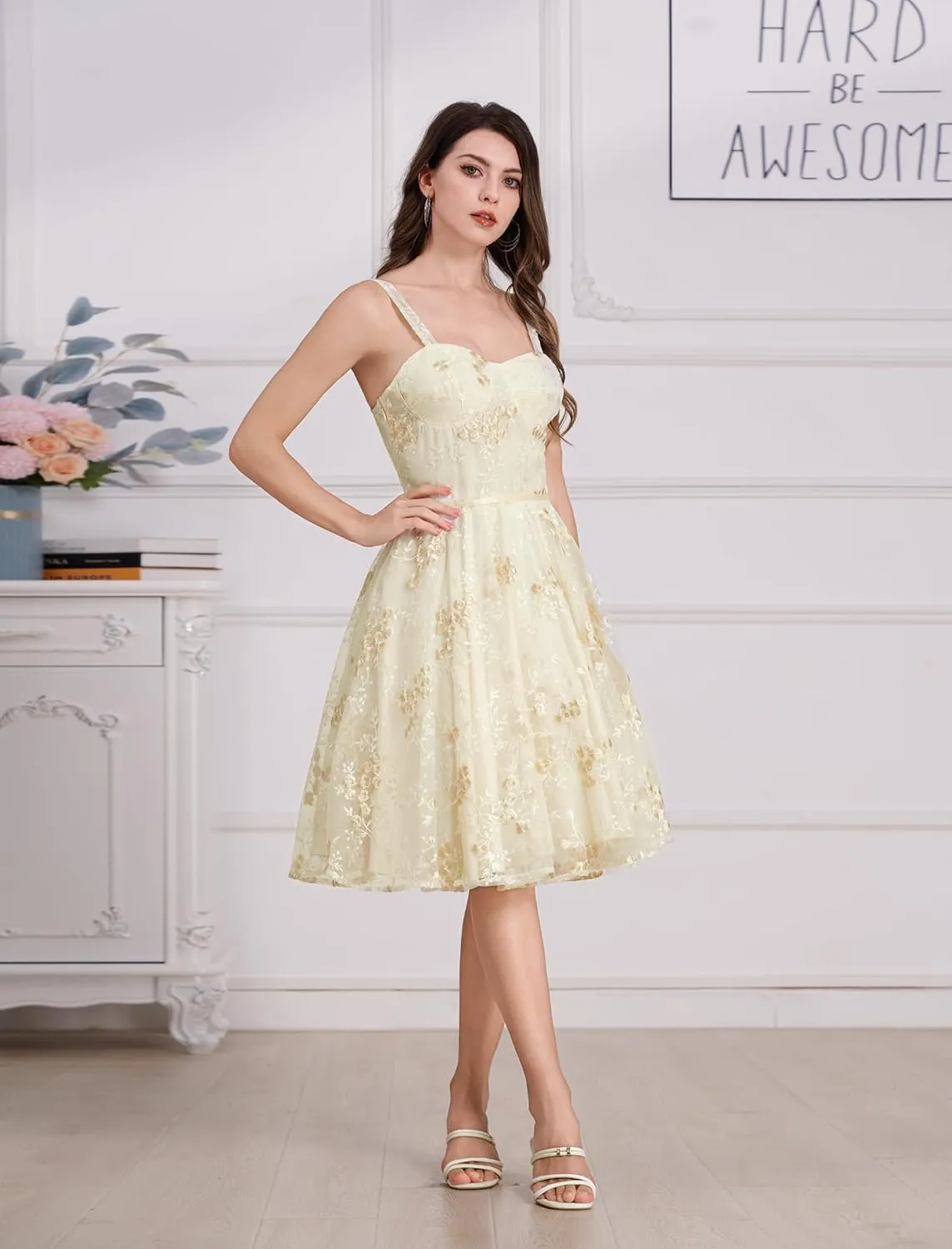 IWEMEK Women Spaghetti Strap Floral Lace Bridesmaid Cocktail Party Dress Cold Shoulder Ruffle Sleeve Wedding Guest Prom Dress