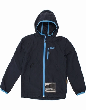 JACK WOLFSKIN Boys Graphic Hooded Rain Jacket 9-10 Years Navy Blue Trail Friendly