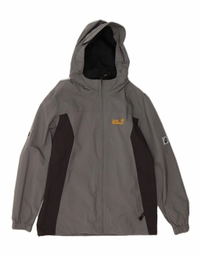 JACK WOLFSKIN Boys Hooded Rain Jacket 11-12 Years Grey Colourblock Unique Piece
