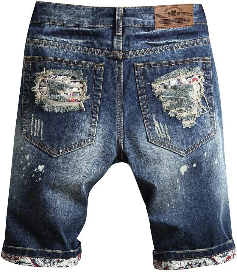 Jean Shorts Men Ripped Distressed Straight Fit Denim Pants Summer Casual Classic Straight Short Jeans
