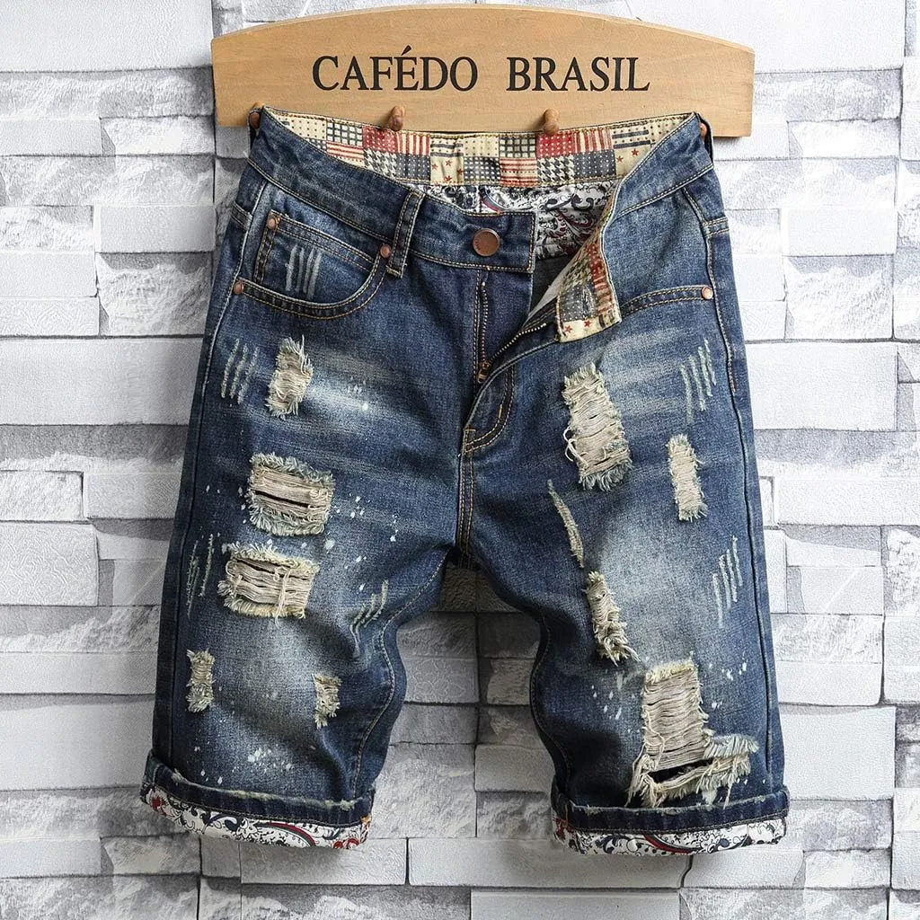 Jean Shorts Men Ripped Distressed Straight Fit Denim Pants Summer Casual Classic Straight Short Jeans
