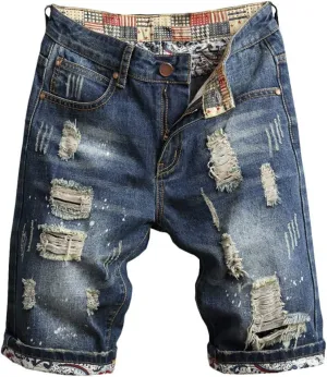 Jean Shorts Men Ripped Distressed Straight Fit Denim Pants Summer Casual Classic Straight Short Jeans