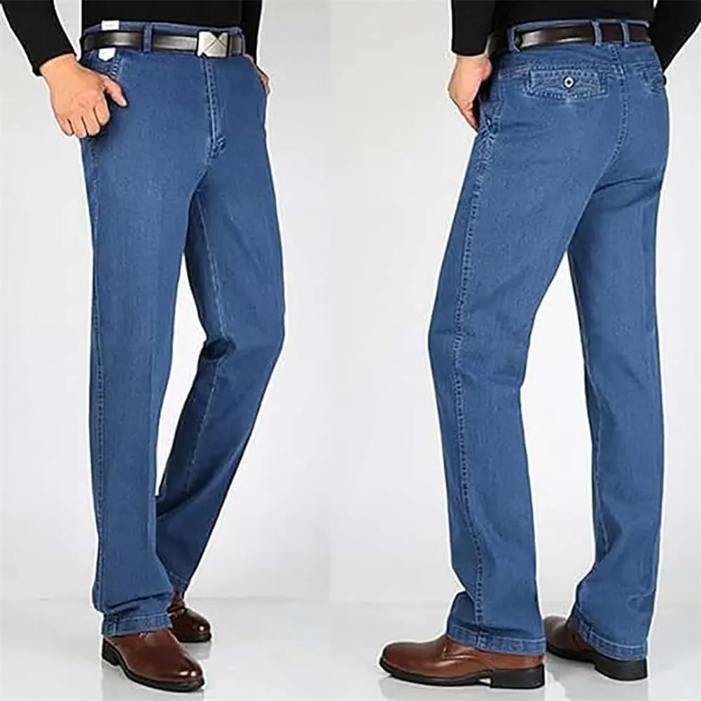 Jeans for Older Men, Men's Classic Straight Fit Stretch Jeans Elastic Waist Relaxed Fit Pants with Zipper and Button