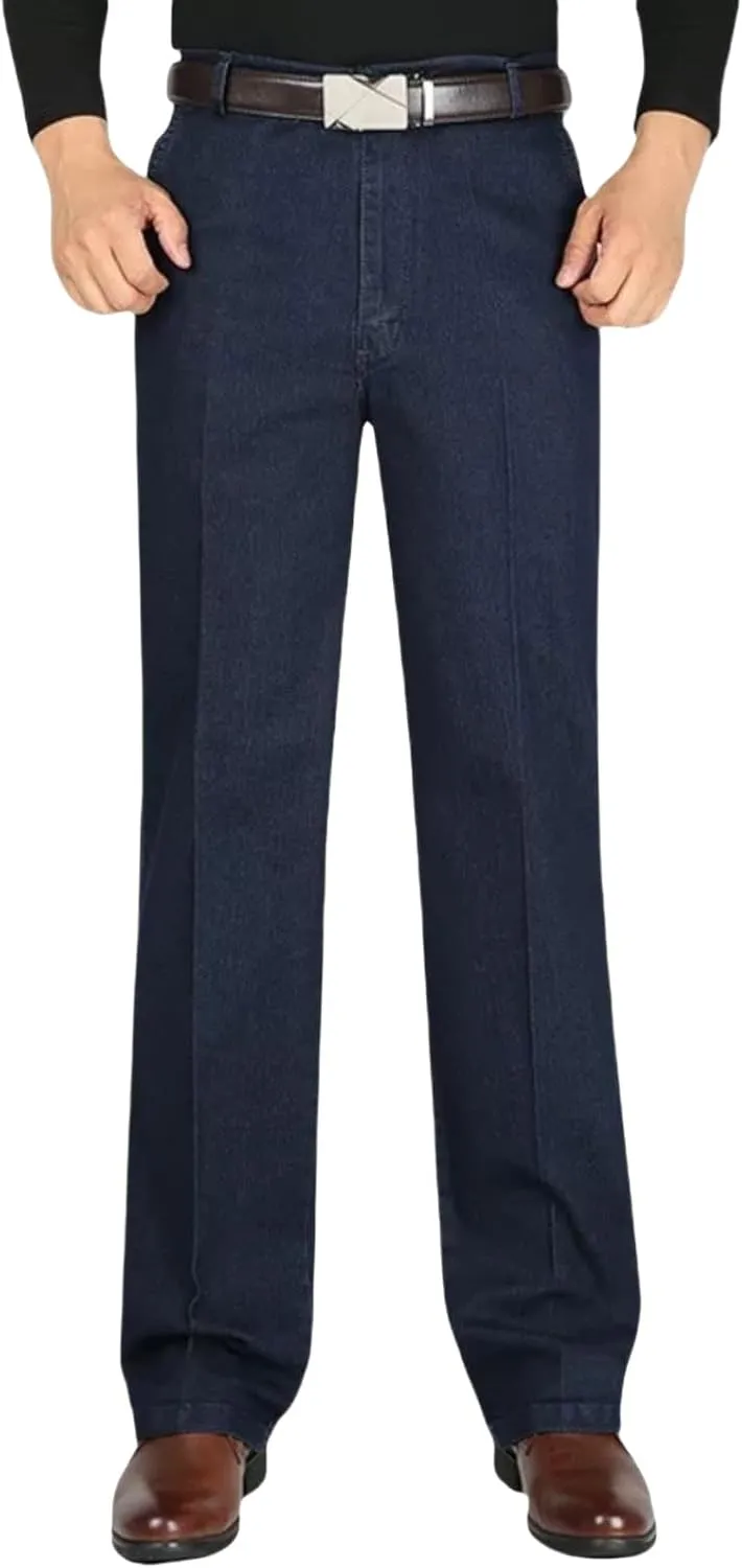 Jeans for Older Men, Men's Classic Straight Fit Stretch Jeans Elastic Waist Relaxed Fit Pants with Zipper and Button