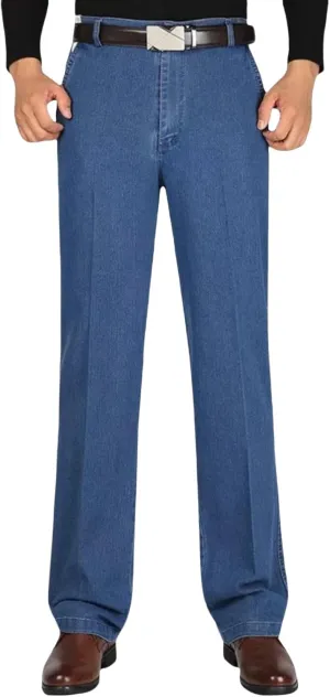 Jeans for Older Men, Men's Classic Straight Fit Stretch Jeans Elastic Waist Relaxed Fit Pants with Zipper and Button