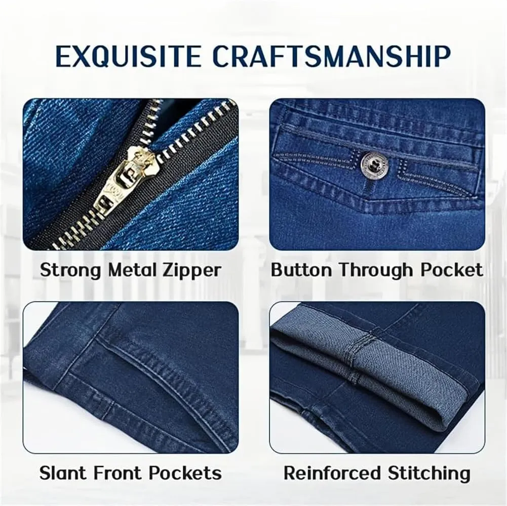 Jeans for Older Men, Men's Classic Straight Fit Stretch Jeans Elastic Waist Relaxed Fit Pants with Zipper and Button