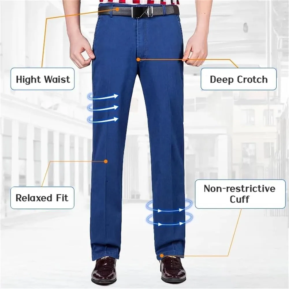 Jeans for Older Men, Men's Classic Straight Fit Stretch Jeans Elastic Waist Relaxed Fit Pants with Zipper and Button