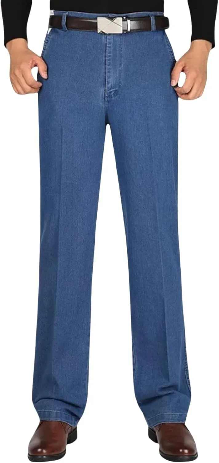 Jeans for Older Men, Men's Classic Straight Fit Stretch Jeans Elastic Waist Relaxed Fit Pants with Zipper and Button