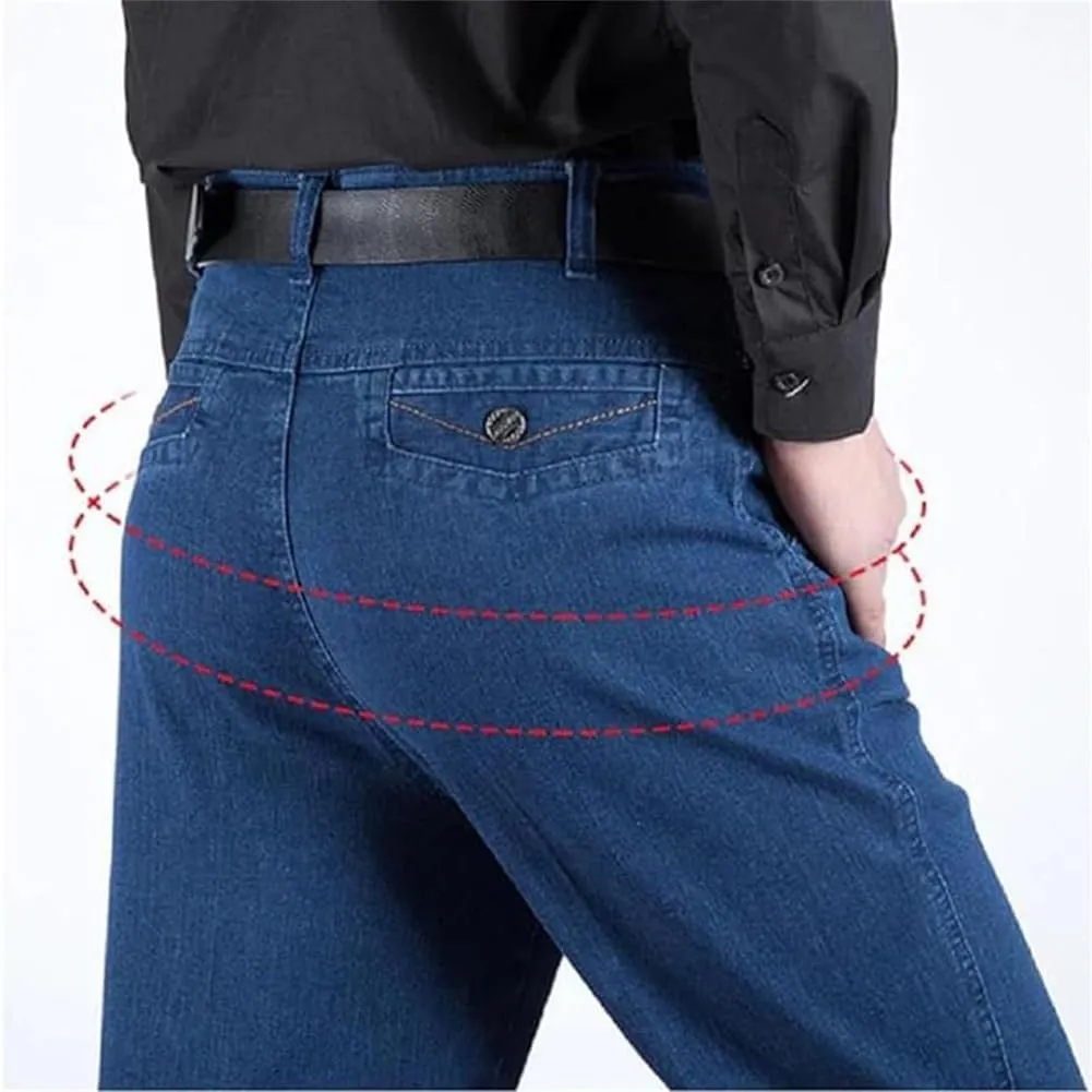 Jeans for Older Men, Men's Classic Straight Fit Stretch Jeans Elastic Waist Relaxed Fit Pants with Zipper and Button