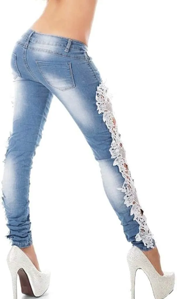 Jeans for Women Trendy,Women Ripped Boyfriend Jeans Embroidered Skinny Denim Jeans Patchwork Lace Floral Pencil Jeans