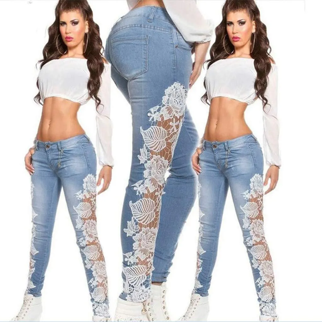 Jeans for Women Trendy,Women Ripped Boyfriend Jeans Embroidered Skinny Denim Jeans Patchwork Lace Floral Pencil Jeans