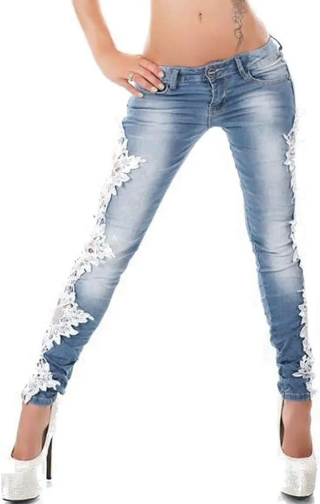 Jeans for Women Trendy,Women Ripped Boyfriend Jeans Embroidered Skinny Denim Jeans Patchwork Lace Floral Pencil Jeans
