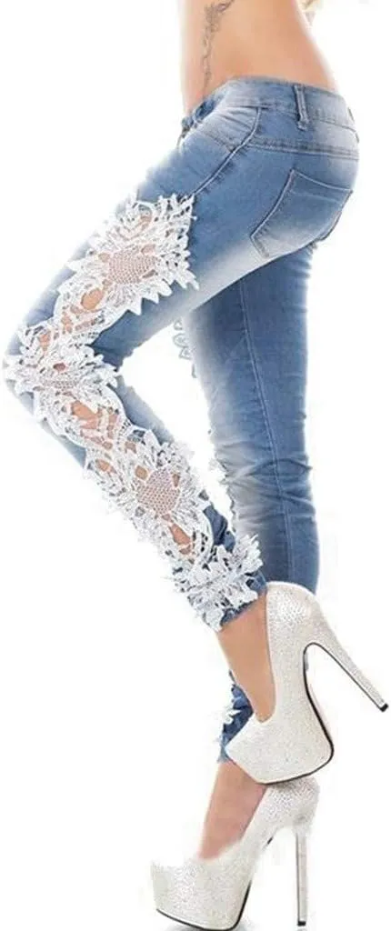 Jeans for Women Trendy,Women Ripped Boyfriend Jeans Embroidered Skinny Denim Jeans Patchwork Lace Floral Pencil Jeans