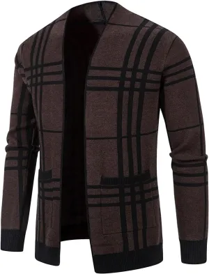 JEsilunmaMY Men's Plaid Knitted Cardigan Sweaters Long Sleeve V Neck Open Front Cardigan Front Pockets Casual Knitwear Coat