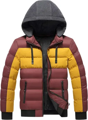 JEsilunmaMY Men's Puffer Jacket With Removable Hood Color Block Thicken Windproof Puffer Jacket Thermal Padded Down Coats